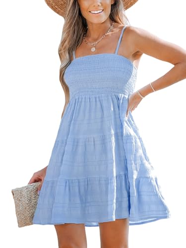 CUPSHE Damen Sommerkleid Spaghettiträger Ärmellos Kleider Gesmoktes Oberteil Rüschen Freizeitkleider Strand Mini Dress Babyblau L CUPSHE Damen Sommerkleid Spaghettiträger Ärmellos Kleider Gesmoktes Oberteil Rüschen Freizeitkleider Strand Mini Dress Babyblau L von CUPSHE