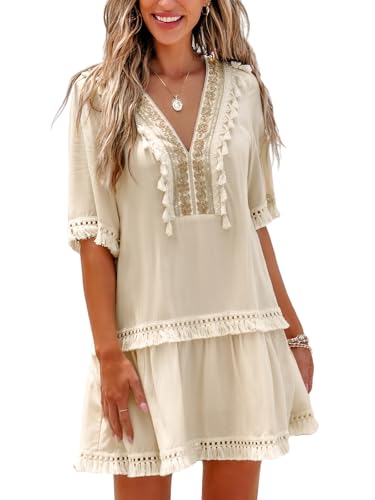 CUPSHE Damen Sommerkleid Spitze Tiefer V-Ausschnitt Halbarm Strandkleid Quaste Boho A-Linie Freizeitkleider Mini Dress Beige M von CUPSHE