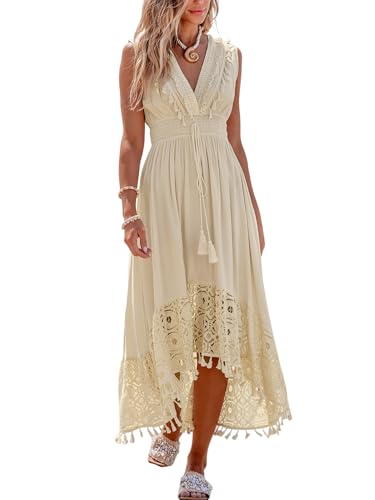 CUPSHE Damen Sommerkleid Spitze V Ausschnitt Ärmellos Kleid Gesmokte Taille Lang Freizeitkleid Quaste Strand Maxi Dress Beige XL von CUPSHE