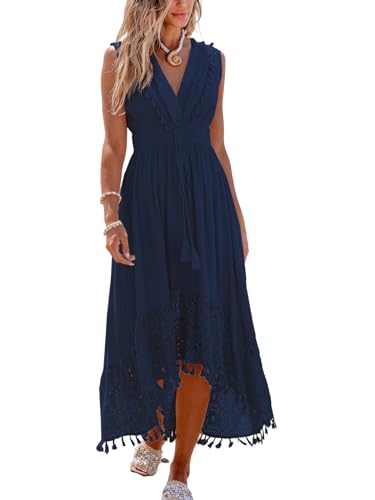 CUPSHE Damen Sommerkleid Spitze V Ausschnitt Ärmellos Kleid Gesmokte Taille Lang Freizeitkleid Quaste Strand Maxi Dress Marineblau S von CUPSHE