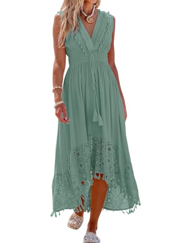 CUPSHE Damen Sommerkleid Spitze V Ausschnitt Ärmellos Kleid Gesmokte Taille Lang Freizeitkleid Quaste Strand Maxi Dress Minzgrün XS CUPSHE Damen Sommerkleid Spitze V Ausschnitt Ärmellos Kleid Gesmokte Taille Lang Freizeitkleid Quaste Strand Maxi Dress Minzgrün XS von CUPSHE