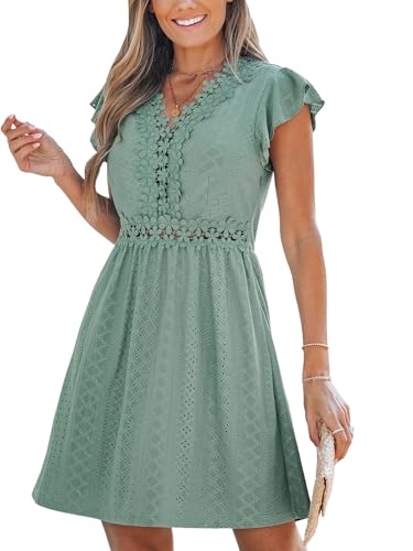 CUPSHE Damen Sommerkleid Spitze V-Ausschnitt Flatterärmel Kleider Hollow Out Freizeitkleider Strand Mini Dress Salbeigrün L von CUPSHE