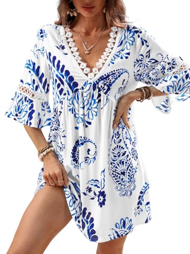 CUPSHE Damen Sommerkleid Spitze V-Ausschnitt Paisley Strandkleid 3/4 Ärmel Rüschen A-Linie Freizeitkleider Mini Dress Blau XL von CUPSHE