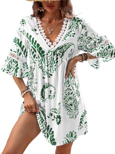 CUPSHE Damen Sommerkleid Spitze V-Ausschnitt Paisley Strandkleid 3/4 Ärmel Rüschen A-Linie Freizeitkleider Mini Dress Grün M von CUPSHE