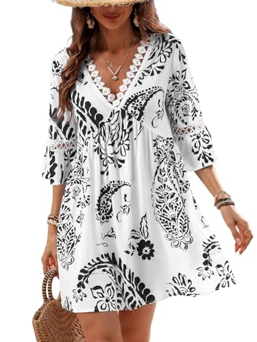 CUPSHE Damen Sommerkleid Spitze V-Ausschnitt Paisley Strandkleid 3/4 Ärmel Rüschen A-Linie Freizeitkleider Mini Dress Schwarz M CUPSHE Damen Sommerkleid Spitze V-Ausschnitt Paisley Strandkleid 3/4 Ärmel Rüschen A-Linie Freizeitkleider Mini Dress Schwarz M von CUPSHE