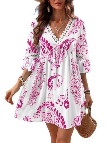 CUPSHE Damen Sommerkleid Spitze V-Ausschnitt Paisley Strandkleid 3/4 Ärmel Rüschen A-Linie Freizeitkleider Mini Dress von CUPSHE