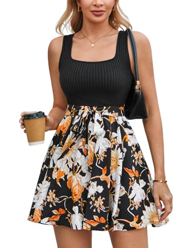 CUPSHE Damen Sommerkleid Strick Blumenmuster Ärmellos Minikleid mit Gürtel Kurz Freizeitkleider Mini Dress Black Floral M von CUPSHE
