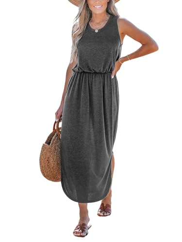 CUPSHE Damen Sommerkleid Strick Rundhals Ärmellos Cover Up Kleider Seitenschlitz Freizeitkleider Strand Midi Dress Grau L von CUPSHE