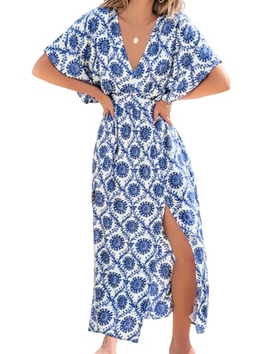 CUPSHE Damen Sommerkleid Tiefer V-Ausschnitt Dolman-Ärmel Strandkleider Boho Lang Seitenschlitz Freizeitkleider Casual Maxi Dress Marineblau S von CUPSHE