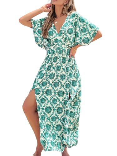 CUPSHE Damen Sommerkleid Tiefer V-Ausschnitt Dolman-Ärmel Strandkleider Boho Lang Seitenschlitz Freizeitkleider Casual Maxi Dress von CUPSHE