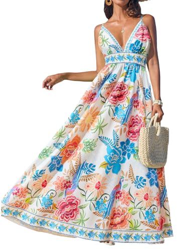 CUPSHE Damen Sommerkleid Tropisch Tiefer V-Ausschnitt Freizeitkleider Ärmellos Spaghettiträger Strandkleid Urlaub Maxi Dress von CUPSHE