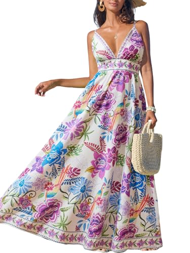 CUPSHE Damen Sommerkleid Tropisch Tiefer V-Ausschnitt Freizeitkleider Ärmellos Spaghettiträger Strandkleid Urlaub Maxi Dress von CUPSHE