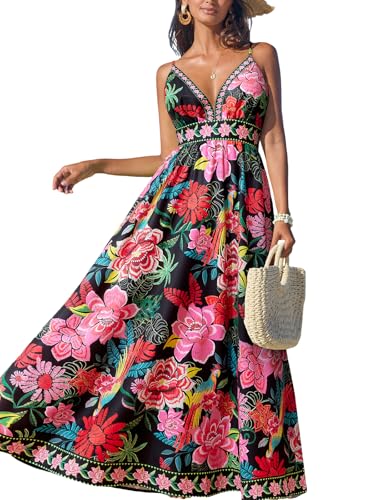 CUPSHE Damen Sommerkleid Tropisch Tiefer V-Ausschnitt Freizeitkleider Ärmellos Spaghettiträger Strandkleid Urlaub Maxi Dress von CUPSHE