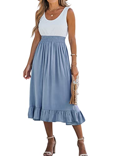 CUPSHE Damen Sommerkleid U Ausschnitt Ärmellos Rüschensaum Strandkleid Freizeitkleider Sommer Tunika Midi Dress Blau L von CUPSHE