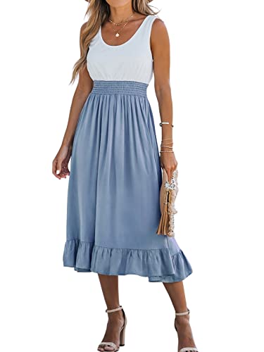 CUPSHE Damen Sommerkleid U Ausschnitt Ärmellos Rüschensaum Strandkleid Freizeitkleider Sommer Tunika Midi Dress Blau M von CUPSHE