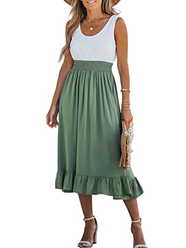 CUPSHE Damen Sommerkleid U Ausschnitt Ärmellos Rüschensaum Strandkleid Freizeitkleider Sommer Tunika Midi Dress Grün L von CUPSHE