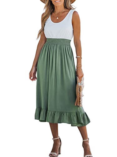 CUPSHE Damen Sommerkleid U Ausschnitt Ärmellos Rüschensaum Strandkleid Freizeitkleider Sommer Tunika Midi Dress Grün M von CUPSHE