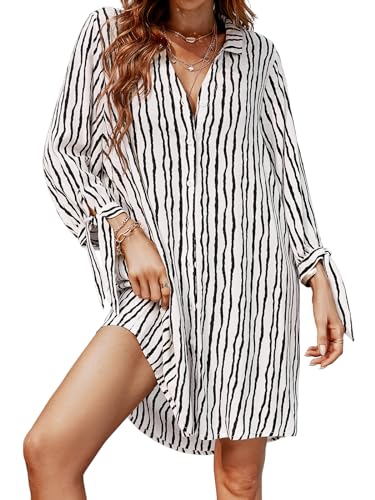 CUPSHE Damen Sommerkleid V Ausschnitt 3/4 Ärmel Streifenmuster Blusenkleid Freizeitkleider Strand Bikini Cover Up Hemd Shirt Mini Dress Schwarz/Weiß M von CUPSHE