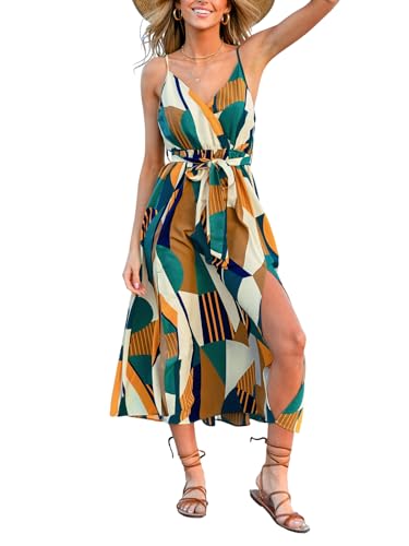 CUPSHE Damen Sommerkleid V Ausschnitt Ärmellos Beinschlitz Abstrakter Print Spaghetti Trägerkleid Freizeitkleider Beach Midi Cami Dress Grüner Druck M von CUPSHE