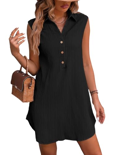 CUPSHE Damen Sommerkleid V Ausschnitt Ärmellos Button Down Kurzes Blusenkleid Cover Up Strandkleid Freizeitkleider Sommer Mini Shirt Dress Schwarz S von CUPSHE