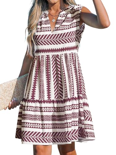 CUPSHE Damen Sommerkleid V Ausschnitt Ärmellos Geometrisches Muster Rüschen A-Linie Strandkleid Freizeitkleider Tunika Mini Dress Rot/Geometrisches Muster L von CUPSHE