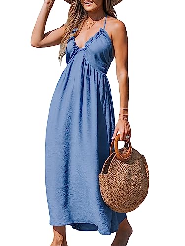 CUPSHE Damen Sommerkleid V Ausschnitt Ärmellos Neckholder Lang Freizeitkleider Beach Smocked Maxi Dress Blau XL von CUPSHE