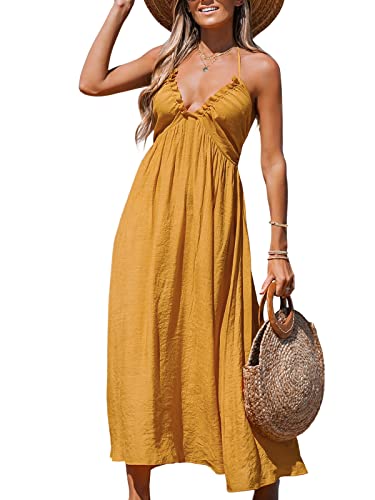 CUPSHE Damen Sommerkleid V Ausschnitt Ärmellos Neckholder Lang Freizeitkleider Beach Smocked Maxi Dress Gelb S von CUPSHE