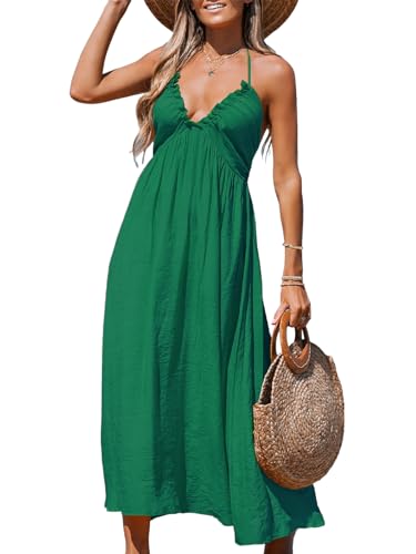 CUPSHE Damen Sommerkleid V Ausschnitt Ärmellos Neckholder Lang Freizeitkleider Beach Smocked Maxi Dress Grün L von CUPSHE