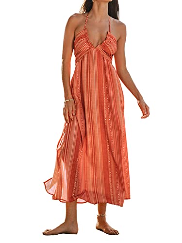 CUPSHE Damen Sommerkleid V Ausschnitt Ärmellos Neckholder Lang Freizeitkleider Beach Smocked Maxi Dress Rougefarbe M von CUPSHE