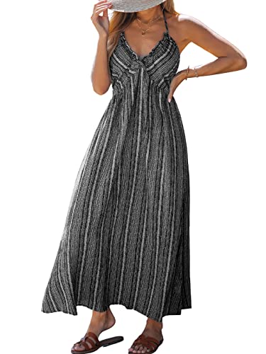 CUPSHE Damen Sommerkleid V Ausschnitt Ärmellos Neckholder Lang Freizeitkleider Beach Smocked Maxi Dress Schwarz/Streifen XL von CUPSHE