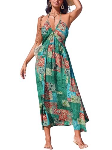 CUPSHE Damen Sommerkleid V Ausschnitt Ärmellos Neckholder Lang Freizeitkleider Beach Smocked Maxi Dress von CUPSHE