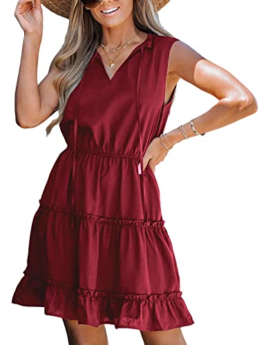 CUPSHE Damen Sommerkleid V Ausschnitt Ärmellos Volantsaum A Linie Kurzes Kleid Freizeitkleider Beach Ruffled Mini Dress Rot M von CUPSHE