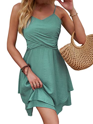 CUPSHE Damen Sommerkleid V Ausschnitt Crossover Wickel Spaghetti Trägerkleid A-Linien Gestufte Freizeitkleider Party Mini Dress Salbeigrün S von CUPSHE