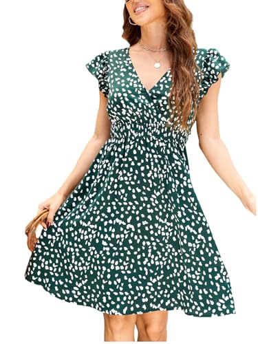 CUPSHE Damen Sommerkleid V-Ausschnitt Flatterärmel Gesmokt Strandkleid Polka Dot A-Linie Freizeitkleider Mini Dress Grün XL von CUPSHE