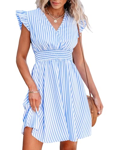 CUPSHE Damen Sommerkleid V-Ausschnitt Flatterärmel Minikleid Gesmokte Taille A-Linie Freizeitkleider Mini Dress Blau Gestreift XL von CUPSHE