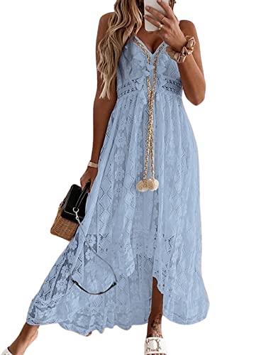 CUPSHE Damen Sommerkleid V Ausschnitt Floral Spitze Quasten Spaghetti Trägerkleid Freizeitkleider Hi-Low Party Boho Beach Maxi Dress Blau L von CUPSHE