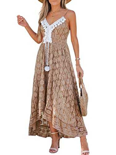 CUPSHE Damen Sommerkleid V Ausschnitt Floral Spitze Quasten Spaghetti Trägerkleid Freizeitkleider Hi-Low Party Boho Beach Maxi Dress Braun L von CUPSHE