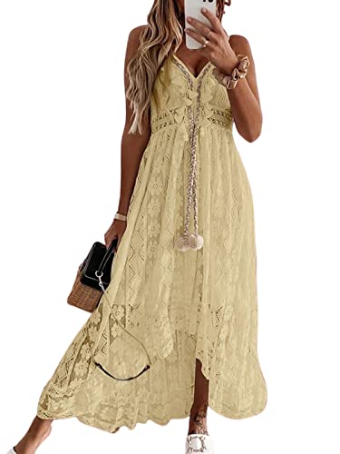 CUPSHE Damen Sommerkleid V Ausschnitt Floral Spitze Quasten Spaghetti Trägerkleid Freizeitkleider Hi-Low Party Boho Beach Maxi Dress Gelb L von CUPSHE