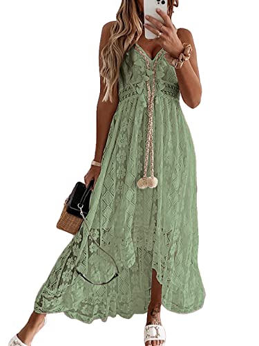 CUPSHE Damen Sommerkleid V Ausschnitt Floral Spitze Quasten Spaghetti Trägerkleid Freizeitkleider Hi-Low Party Boho Beach Maxi Dress Grün L von CUPSHE