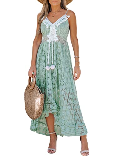 CUPSHE Damen Sommerkleid V Ausschnitt Floral Spitze Quasten Spaghetti Trägerkleid Freizeitkleider Hi-Low Party Boho Beach Maxi Dress Minzgrün M von CUPSHE