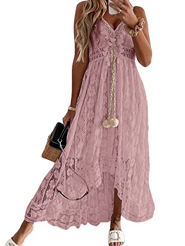 CUPSHE Damen Sommerkleid V Ausschnitt Floral Spitze Quasten Spaghetti Trägerkleid Freizeitkleider Hi-Low Party Boho Beach Maxi Dress Rosa L von CUPSHE