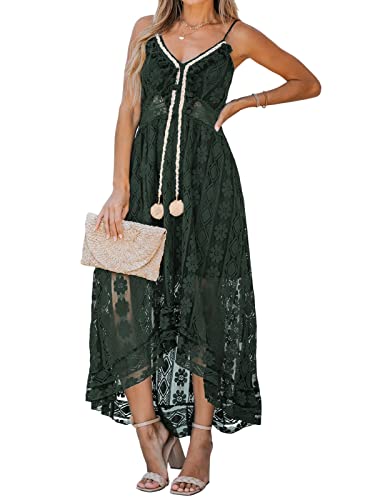 CUPSHE Damen Sommerkleid V Ausschnitt Floral Spitze Quasten Spaghetti Trägerkleid Freizeitkleider High Low Party Boho Beach Maxi Dress Dunkelgrün L von CUPSHE