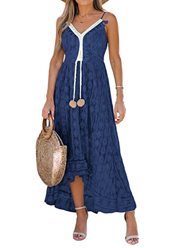 CUPSHE Damen Sommerkleid V Ausschnitt Floral Spitze Quasten Spaghetti Trägerkleid Freizeitkleider High Low Party Boho Beach Maxi Dress Königsblau L von CUPSHE