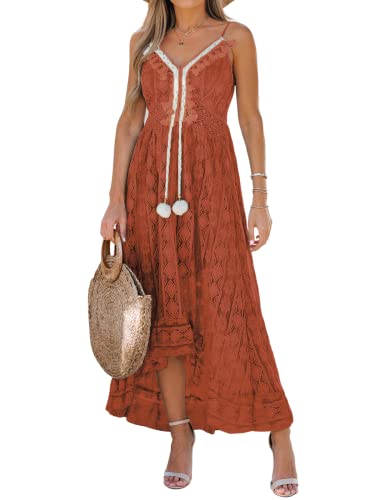 CUPSHE Damen Sommerkleid V Ausschnitt Floral Spitze Quasten Spaghetti Trägerkleid Freizeitkleider High Low Party Boho Beach Maxi Dress Orange L von CUPSHE