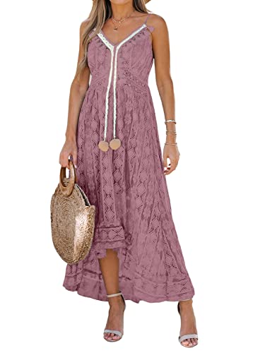 CUPSHE Damen Sommerkleid V Ausschnitt Floral Spitze Quasten Spaghetti Trägerkleid Freizeitkleider High Low Party Boho Beach Maxi Dress Rostrot L von CUPSHE