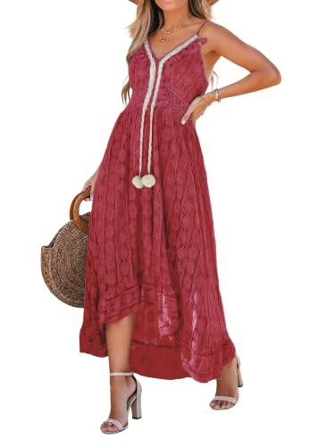 CUPSHE Damen Sommerkleid V Ausschnitt Floral Spitze Quasten Spaghetti Trägerkleid Freizeitkleider High Low Party Boho Beach Maxi Dress Weinrot L von CUPSHE