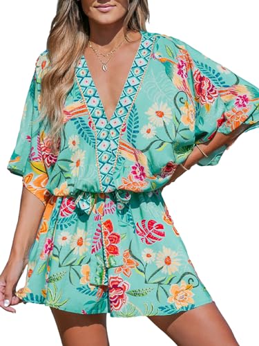 CUPSHE Damen Sommerkleid V Ausschnitt Kimono Ärmel Cover Up Strandkleid Tropical Print Loose Fit Freizeitkleider Sommer Mini Dress Minzblumen L von CUPSHE