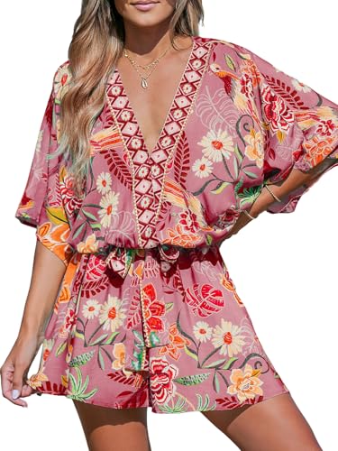 CUPSHE Damen Sommerkleid V Ausschnitt Kimono Ärmel Cover Up Strandkleid Tropical Print Loose Fit Freizeitkleider Sommer Mini Dress Rosa Blumen L von CUPSHE