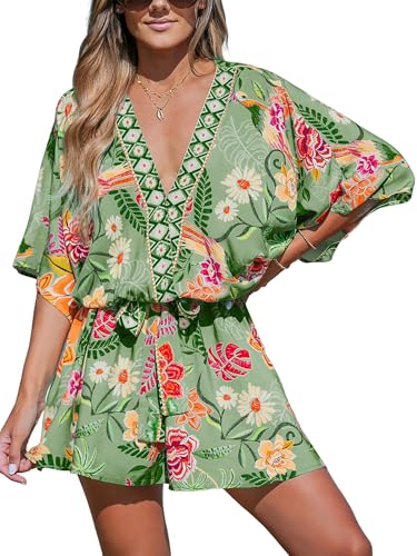 CUPSHE Damen Sommerkleid V Ausschnitt Kimono Ärmel Cover Up Strandkleid Tropical Print Loose Fit Freizeitkleider Sommer Mini Dress von CUPSHE