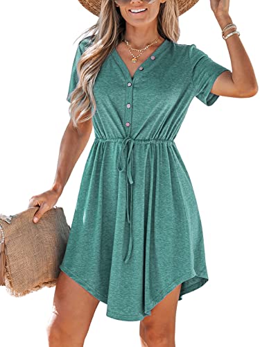 CUPSHE Damen Sommerkleid V Ausschnitt Knöpfen Asymmetrischer Saum Kurzes T Shirt Kleid Freizeitkleider Tunika Mini Dress Grün XL von CUPSHE